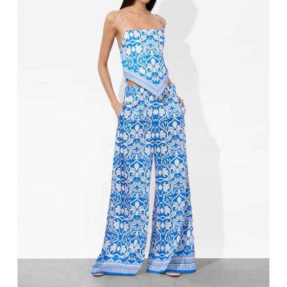 NEW ALICE + OLIVIA keegan pull on wide leg pant in soiree true blue